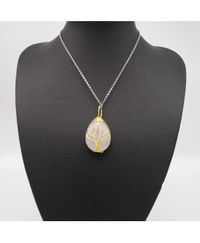 Rose Quartz Wrap-Around Teardrop-Shaped Natural Crystal Semi-Precious Stone Pendant Necklace