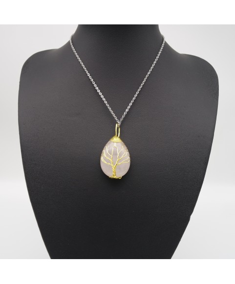 Rose Quartz Wrap-Around Teardrop-Shaped Natural Crystal Semi-Precious Stone Pendant Necklace